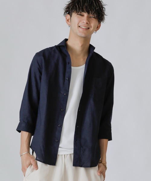 Beno（ビーノ）の「コットンリネン ホリゾンタルカラー 7分袖シャツ（シャツ/ブラウス・メンズ・ホワイト/カーキ/ライトピンク/グレー/ブルー/ネイビー/オレンジ/ブラック/サックスブルー/ワイン・M/L/LL）」の16枚目の写真