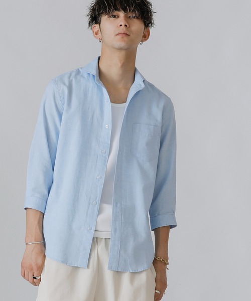 Beno（ビーノ）の「コットンリネン ホリゾンタルカラー 7分袖シャツ（シャツ/ブラウス・メンズ・ホワイト/カーキ/ライトピンク/グレー/ブルー/ネイビー/オレンジ/ブラック/サックスブルー/ワイン・M/L/LL）」の13枚目の写真