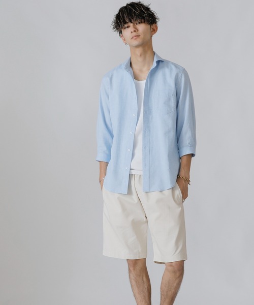 Beno（ビーノ）の「コットンリネン ホリゾンタルカラー 7分袖シャツ（シャツ/ブラウス・メンズ・ホワイト/カーキ/ライトピンク/グレー/ブルー/ネイビー/オレンジ/ブラック/サックスブルー/ワイン・M/L/LL）」の14枚目の写真