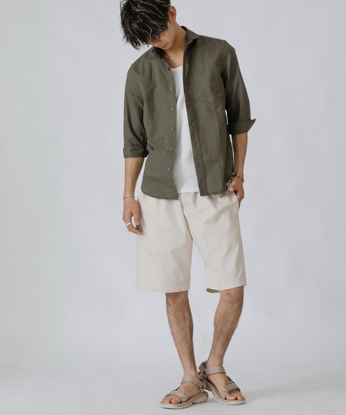 Beno（ビーノ）の「コットンリネン ホリゾンタルカラー 7分袖シャツ（シャツ/ブラウス・メンズ・ホワイト/カーキ/ライトピンク/グレー/ブルー/ネイビー/オレンジ/ブラック/サックスブルー/ワイン・M/L/LL）」の19枚目の写真