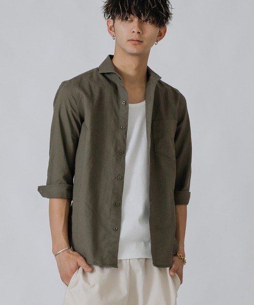 Beno（ビーノ）の「コットンリネン ホリゾンタルカラー 7分袖シャツ（シャツ/ブラウス・メンズ・ホワイト/カーキ/ライトピンク/グレー/ブルー/ネイビー/オレンジ/ブラック/サックスブルー/ワイン・M/L/LL）」の20枚目の写真