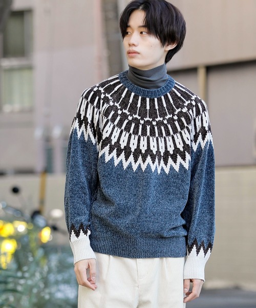 Beno（ビーノ）の「ノルディックジャガード クルーネック モールニット（ニット/セーター・メンズ・ホワイト/ブラック/ネイビー/ブラウン/ダークブルー・M/L）」の5枚目の写真