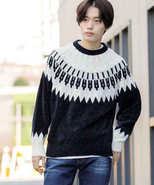 Beno（ビーノ）の「ノルディックジャガード クルーネック モールニット（ニット/セーター・メンズ・ホワイト/ブラック/ネイビー/ブラウン/ダークブルー・M/L）」の4枚目の写真