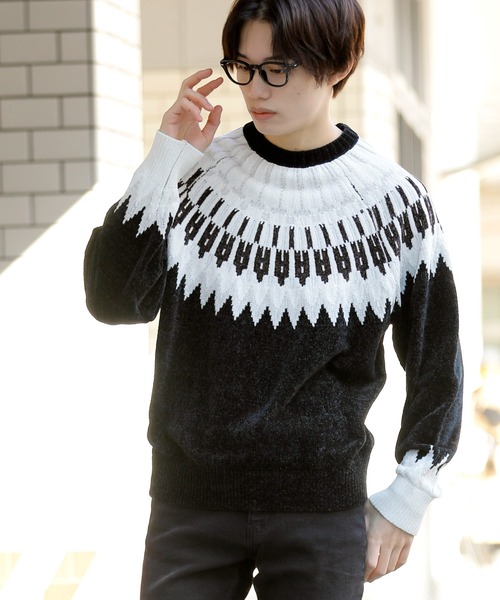 Beno（ビーノ）の「ノルディックジャガード クルーネック モールニット（ニット/セーター・メンズ・ホワイト/ブラック/ネイビー/ブラウン/ダークブルー・M/L）」の3枚目の写真