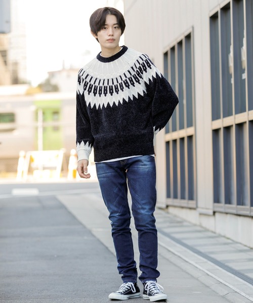 Beno（ビーノ）の「ノルディックジャガード クルーネック モールニット（ニット/セーター・メンズ・ホワイト/ブラック/ネイビー/ブラウン/ダークブルー・M/L）」の17枚目の写真