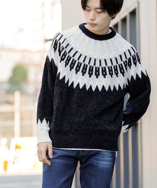 Beno（ビーノ）の「ノルディックジャガード クルーネック モールニット（ニット/セーター・メンズ・ホワイト/ブラック/ネイビー/ブラウン/ダークブルー・M/L）」の18枚目の写真