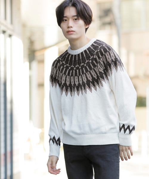 Beno（ビーノ）の「ノルディックジャガード クルーネック モールニット（ニット/セーター・メンズ・ホワイト/ブラック/ネイビー/ブラウン/ダークブルー・M/L）」の13枚目の写真
