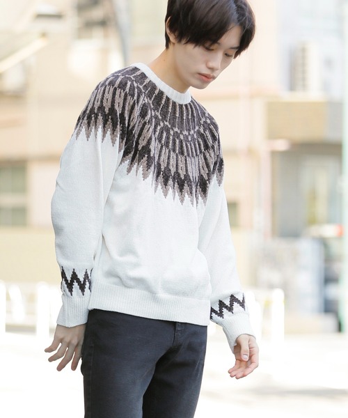 Beno（ビーノ）の「ノルディックジャガード クルーネック モールニット（ニット/セーター・メンズ・ホワイト/ブラック/ネイビー/ブラウン/ダークブルー・M/L）」の14枚目の写真