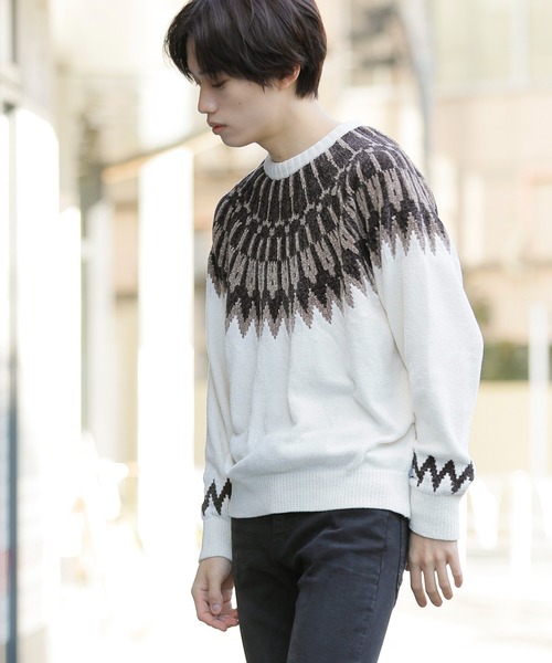 Beno（ビーノ）の「ノルディックジャガード クルーネック モールニット（ニット/セーター・メンズ・ホワイト/ブラック/ネイビー/ブラウン/ダークブルー・M/L）」の15枚目の写真