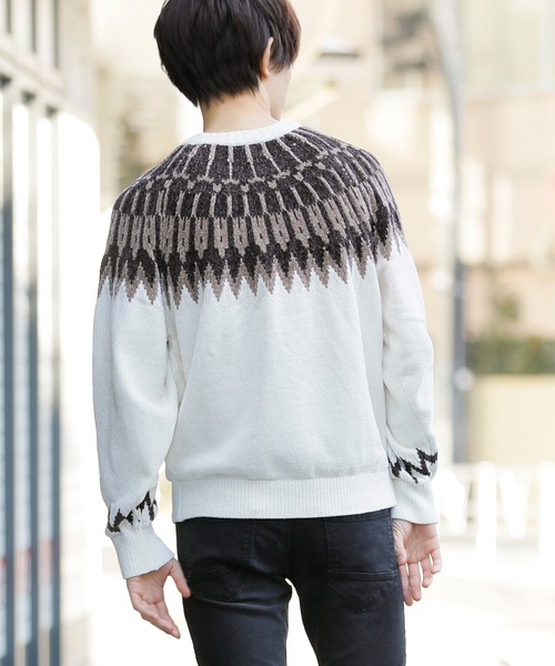 Beno（ビーノ）の「ノルディックジャガード クルーネック モールニット（ニット/セーター・メンズ・ホワイト/ブラック/ネイビー/ブラウン/ダークブルー・M/L）」の16枚目の写真