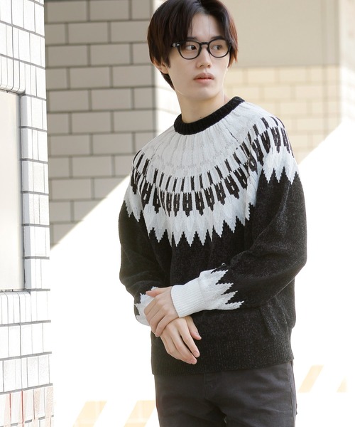 Beno（ビーノ）の「ノルディックジャガード クルーネック モールニット（ニット/セーター・メンズ・ホワイト/ブラック/ネイビー/ブラウン/ダークブルー・M/L）」の12枚目の写真