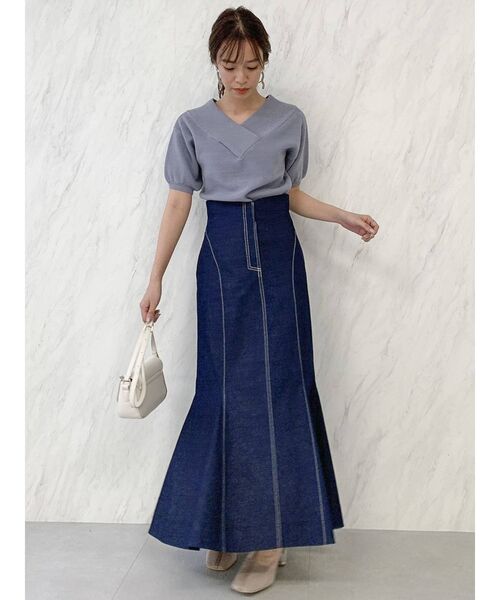 dazzlin（ダズリン）の「Vネックリブハーフスリーブトップス（ニット/セーター・レディース・ブラック/オフホワイト/ブルー/グリーン/モカ・FREE）」の13枚目の写真