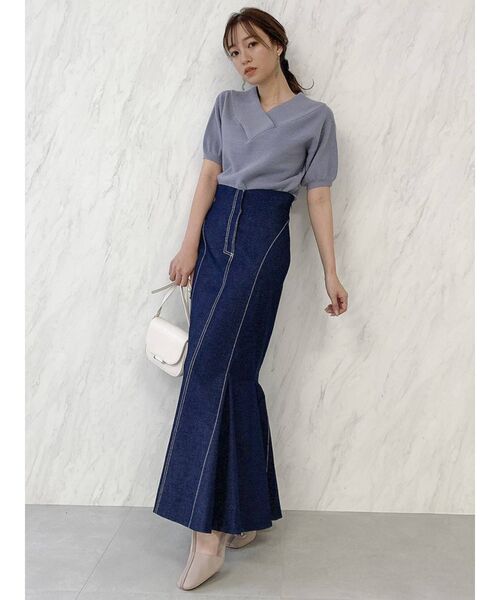 dazzlin（ダズリン）の「Vネックリブハーフスリーブトップス（ニット/セーター・レディース・ブラック/オフホワイト/ブルー/グリーン/モカ・FREE）」の14枚目の写真