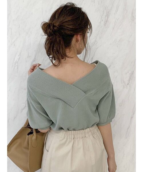 dazzlin（ダズリン）の「Vネックリブハーフスリーブトップス（ニット/セーター・レディース・ブラック/オフホワイト/ブルー/グリーン/モカ・FREE）」の16枚目の写真