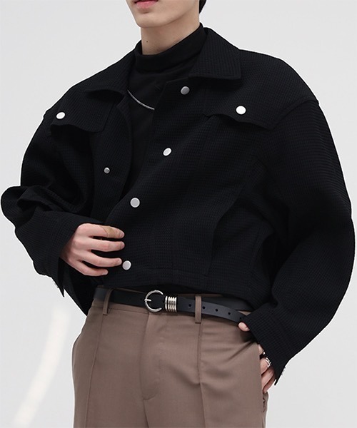 WESTBOY（ウエストボーイ）の「ドロップショルダーワッフルショートジャケット WO22S1OT01【WB ORIGINALS】（ブルゾン・メンズ・ブラック/ベージュ・L/XL/M）」の2枚目の写真