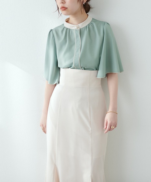 natural couture（ナチュラルクチュール）の「大人気リバイバルアイテム/パール釦ポイントバイカラーフレア5分袖ブラウス（シャツ/ブラウス・レディース・サックスブルー/グリーン/その他1/その他2/ピンクベージュ/ドット・FREE）」の7枚目の写真