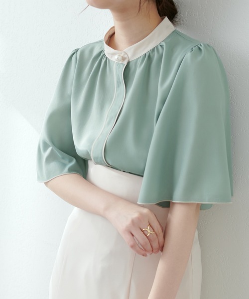 natural couture（ナチュラルクチュール）の「大人気リバイバルアイテム/パール釦ポイントバイカラーフレア5分袖ブラウス（シャツ/ブラウス・レディース・サックスブルー/グリーン/その他1/その他2/ピンクベージュ/ドット・FREE）」の8枚目の写真