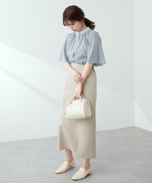 natural couture（ナチュラルクチュール）の「大人気リバイバルアイテム/パール釦ポイントバイカラーフレア5分袖ブラウス（シャツ/ブラウス・レディース・サックスブルー/グリーン/その他1/その他2/ピンクベージュ/ドット・FREE）」の13枚目の写真