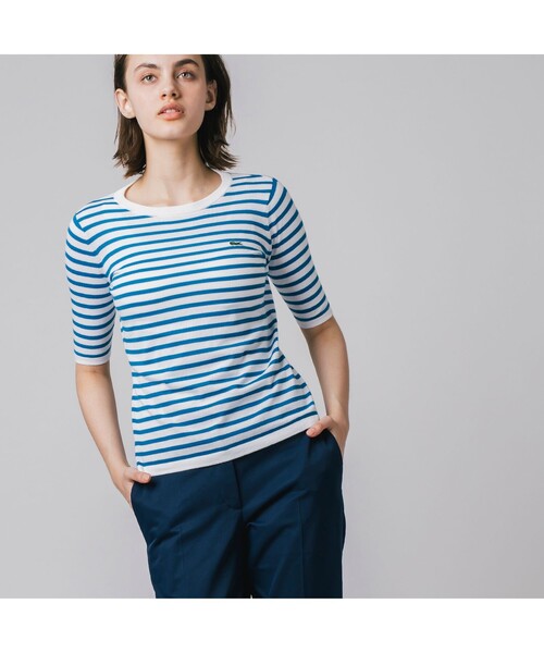LACOSTE(ラコステ)の「UVカット 吸水速乾 ウォッシャブル COOLMAX クールマックス ボーダーニット半袖Tシャツ(ニット/セーター・レディース・ホワイト/スカイブルー/オレンジ/グリーン/ローズ/クリアグリーン・40/38/36/34)」の4枚目の写真