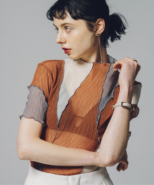 led.tokyo（レッドトウキョウ）の「【led.tokyo】マルチカラーシアーハーフトップ（シャツ/ブラウス・レディース・オレンジ/ブルー・M）」の2枚目の写真