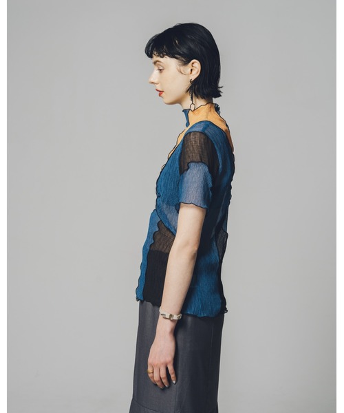 led.tokyo（レッドトウキョウ）の「【led.tokyo】マルチカラーシアーハーフトップ（シャツ/ブラウス・レディース・オレンジ/ブルー・M）」の4枚目の写真