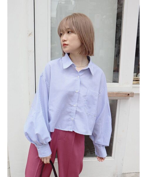 MURUA(ムルーア)の「ストライプクロップドシャツ(シャツ/ブラウス・レディース・ブラック/ベージュ/ブルー/グリーン・FREE)」の15枚目の写真