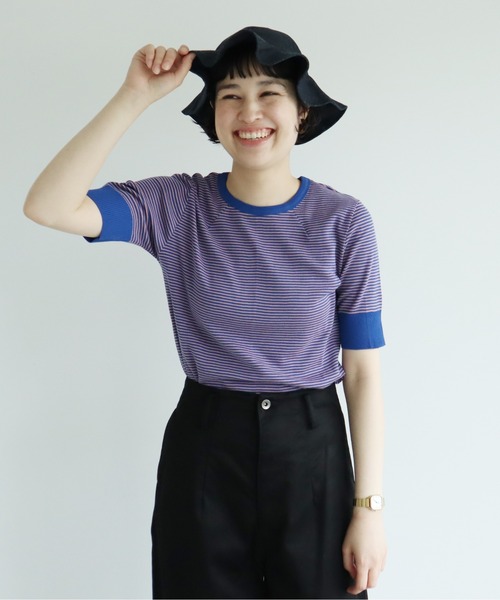 bulle de savon（ビュルデサボン）の「成型ボーダー 五分袖プルオーバー（Tシャツ/カットソー・レディース・ホワイト/ブラウン/ブルー・FREE）」の3枚目の写真