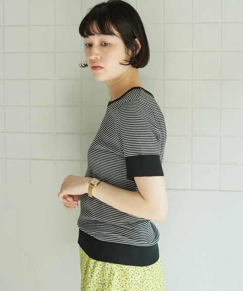 bulle de savon（ビュルデサボン）の「成型ボーダー 五分袖プルオーバー（Tシャツ/カットソー・レディース・ホワイト/ブラウン/ブルー・FREE）」の4枚目の写真