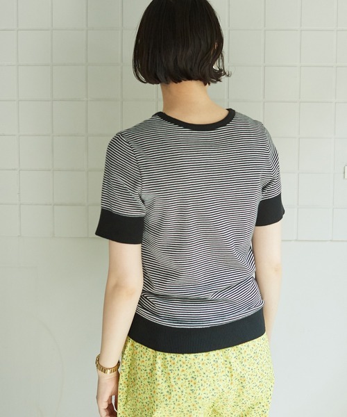 bulle de savon（ビュルデサボン）の「成型ボーダー 五分袖プルオーバー（Tシャツ/カットソー・レディース・ホワイト/ブラウン/ブルー・FREE）」の14枚目の写真