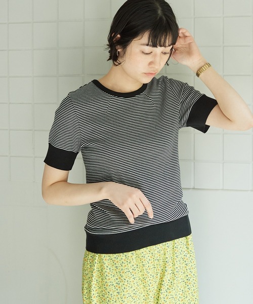 bulle de savon（ビュルデサボン）の「成型ボーダー 五分袖プルオーバー（Tシャツ/カットソー・レディース・ホワイト/ブラウン/ブルー・FREE）」の6枚目の写真