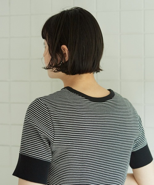 bulle de savon（ビュルデサボン）の「成型ボーダー 五分袖プルオーバー（Tシャツ/カットソー・レディース・ホワイト/ブラウン/ブルー・FREE）」の7枚目の写真