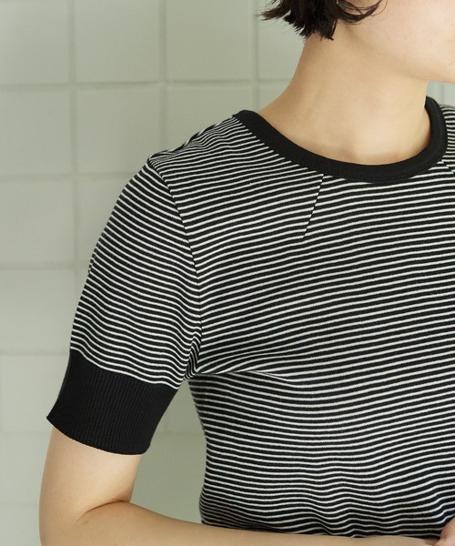 bulle de savon（ビュルデサボン）の「成型ボーダー 五分袖プルオーバー（Tシャツ/カットソー・レディース・ホワイト/ブラウン/ブルー・FREE）」の9枚目の写真