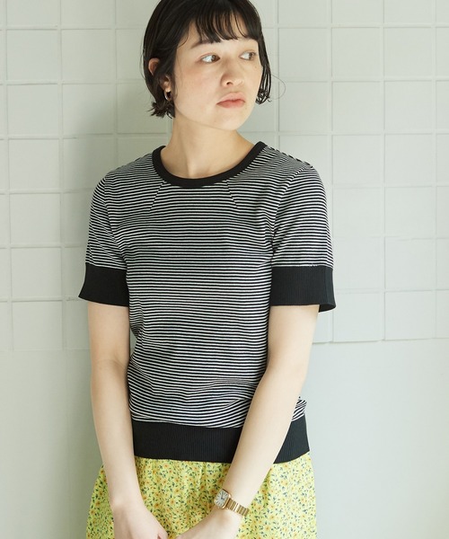 bulle de savon（ビュルデサボン）の「成型ボーダー 五分袖プルオーバー（Tシャツ/カットソー・レディース・ホワイト/ブラウン/ブルー・FREE）」の20枚目の写真