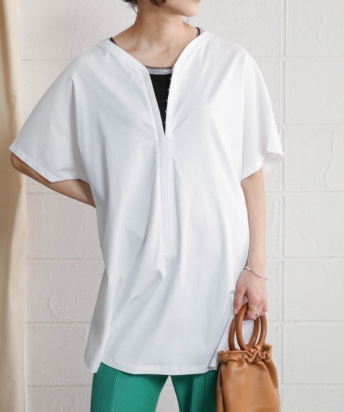 Bou Jeloud（ブージュルード）の「シルケットコットンＶネックロングトップス（チュニック・レディース・ブラック/カーキ/オフホワイト・FREE）」の4枚目の写真