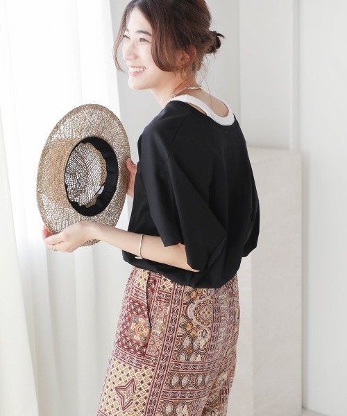 Bou Jeloud（ブージュルード）の「シルケットコットンＶネックロングトップス（チュニック・レディース・ブラック/カーキ/オフホワイト・FREE）」の12枚目の写真