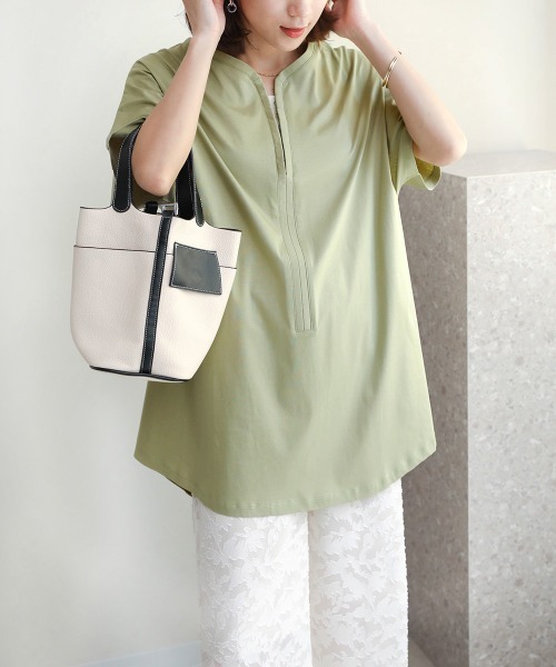 Bou Jeloud（ブージュルード）の「シルケットコットンＶネックロングトップス（チュニック・レディース・ブラック/カーキ/オフホワイト・FREE）」の17枚目の写真