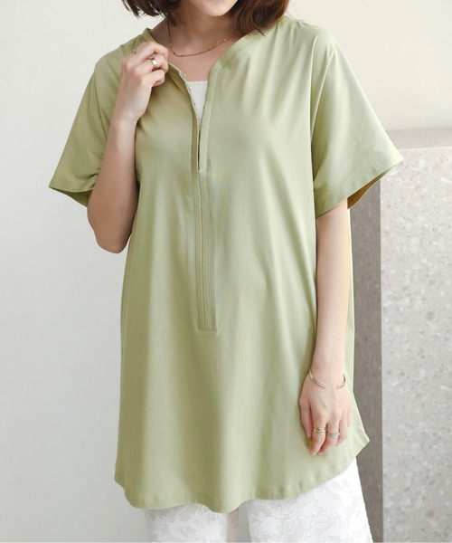 Bou Jeloud（ブージュルード）の「シルケットコットンＶネックロングトップス（チュニック・レディース・ブラック/カーキ/オフホワイト・FREE）」の21枚目の写真