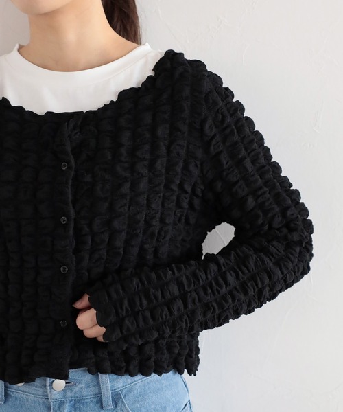 mysty woman(ミスティウーマン)の「ポコポコシャーリングカーディガン 157816(カーディガン/ボレロ・レディース・ブラック/グレイッシュブルー/アイボリー・FREE)」の9枚目の写真