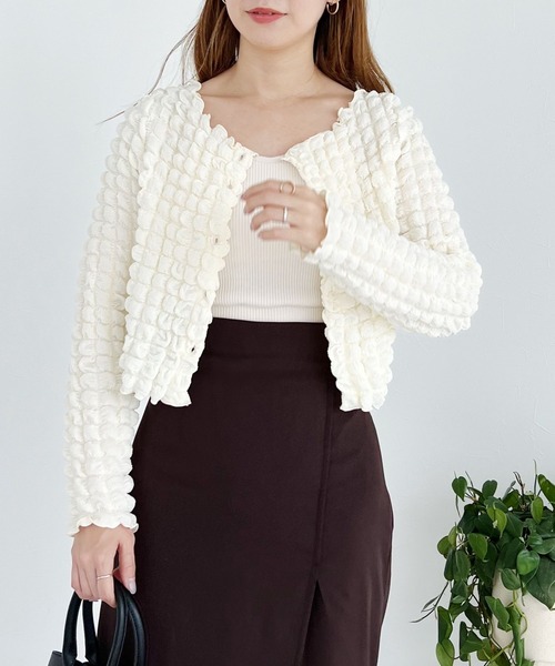 mysty woman(ミスティウーマン)の「ポコポコシャーリングカーディガン 157816(カーディガン/ボレロ・レディース・ブラック/グレイッシュブルー/アイボリー・FREE)」の19枚目の写真