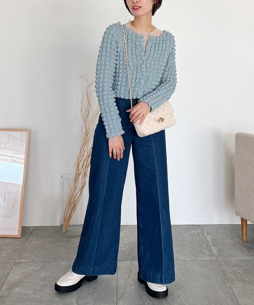 mysty woman(ミスティウーマン)の「ポコポコシャーリングカーディガン 157816(カーディガン/ボレロ・レディース・ブラック/グレイッシュブルー/アイボリー・FREE)」の20枚目の写真