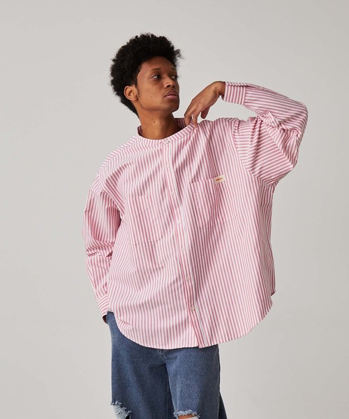 WONDER WONDER（ワンダーワンダー）の「エリナシ ノーカラーシャツ（シャツ/ブラウス・メンズ・グリーン系/ホワイト/レッド系・S/M/L）」の4枚目の写真