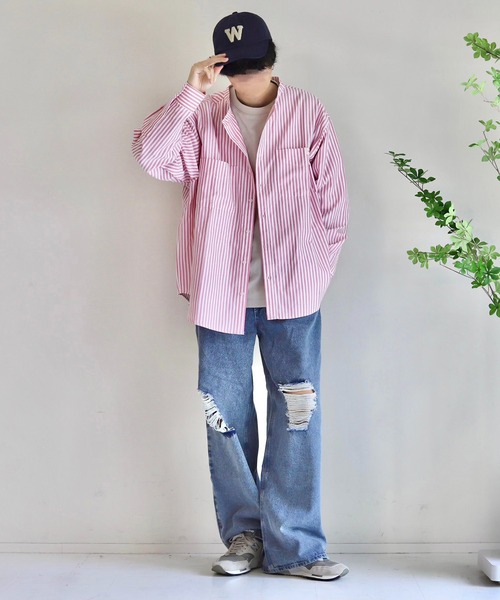 WONDER WONDER（ワンダーワンダー）の「エリナシ ノーカラーシャツ（シャツ/ブラウス・メンズ・グリーン系/ホワイト/レッド系・S/M/L）」の14枚目の写真