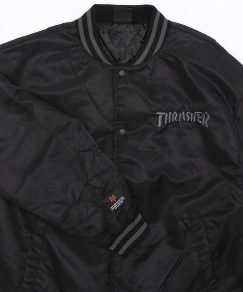 THRASHER（スラッシャー）の「NYLON STUDIUM JACKET/スラッシャースタジアムジャケット（スタジャン・メンズ・ブラック×グレー/グリーン・MEDIUM/LARGE/X-LARGE）」の5枚目の写真