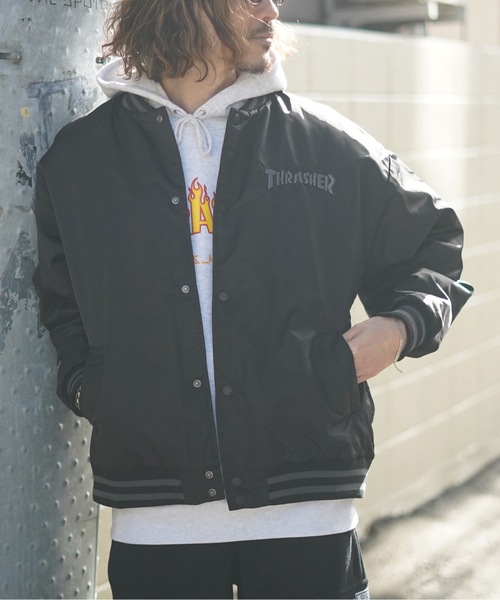 THRASHER（スラッシャー）の「NYLON STUDIUM JACKET/スラッシャースタジアムジャケット（スタジャン・メンズ・ブラック×グレー/グリーン・MEDIUM/LARGE/X-LARGE）」の17枚目の写真