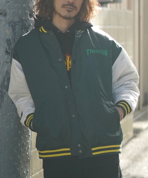 THRASHER（スラッシャー）の「NYLON STUDIUM JACKET/スラッシャースタジアムジャケット（スタジャン・メンズ・ブラック×グレー/グリーン・MEDIUM/LARGE/X-LARGE）」の10枚目の写真