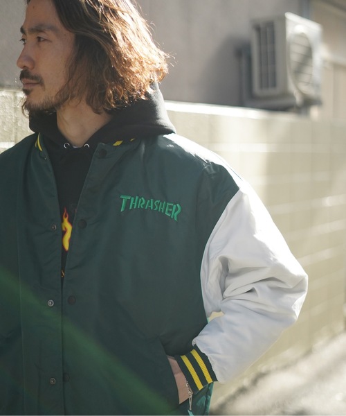 THRASHER（スラッシャー）の「NYLON STUDIUM JACKET/スラッシャースタジアムジャケット（スタジャン・メンズ・ブラック×グレー/グリーン・MEDIUM/LARGE/X-LARGE）」の7枚目の写真