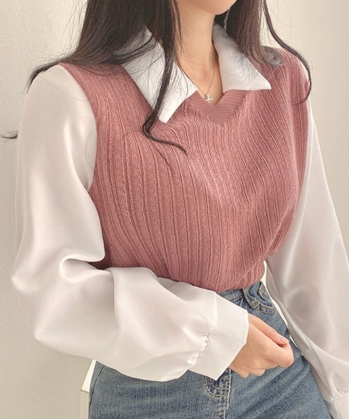LADY LIKE（レディライク）の「レイヤード風V開きドッキングトップス（ニット/セーター・レディース・ピンク/ベージュ/ブラック/グレー・M）」の5枚目の写真