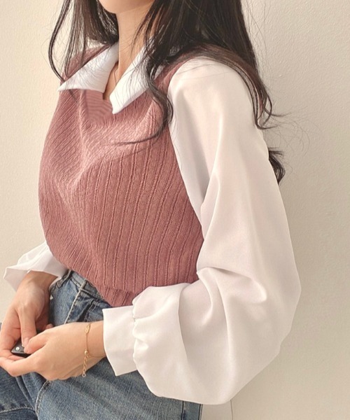 LADY LIKE（レディライク）の「レイヤード風V開きドッキングトップス（ニット/セーター・レディース・ピンク/ベージュ/ブラック/グレー・M）」の6枚目の写真