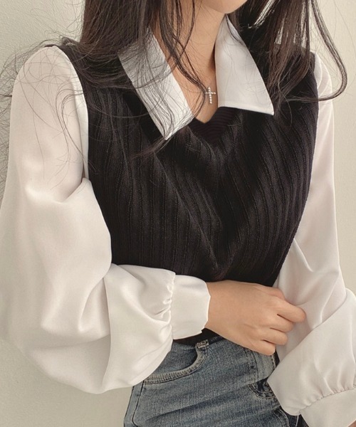 LADY LIKE（レディライク）の「レイヤード風V開きドッキングトップス（ニット/セーター・レディース・ピンク/ベージュ/ブラック/グレー・M）」の7枚目の写真
