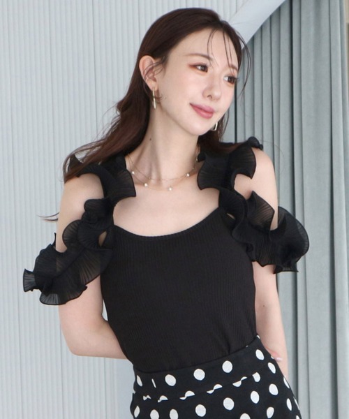 ROYAL PARTY（ロイヤルパーティー）の「ラッフル2wayキャミトップス（Tシャツ/カットソー・レディース・ブラック/オフホワイト/グリーン・FREE）」の20枚目の写真